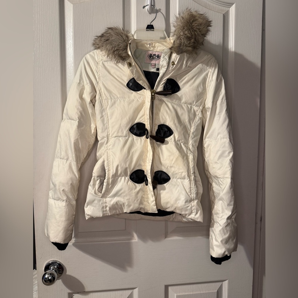Juicy Couture Cream Puffer Jacket with Faux Fur Hood